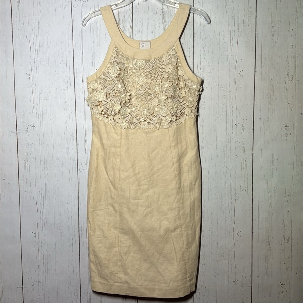 9-h15 scl By Anthropologie Cream Floral Lace Linen Blend Oleander Shift Dress